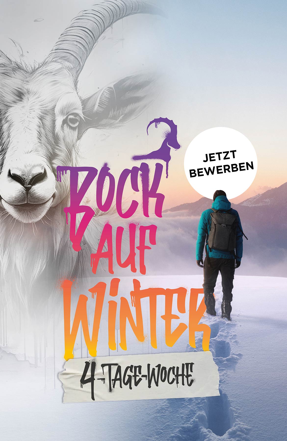 Bock auf Winter? Deine 4-Tage-Woche bei Heavyteam. Winterbild mit Bock.